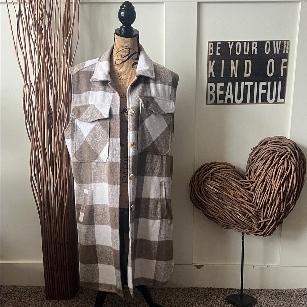 Ashley By 26 International Tan and White Plaid Vest